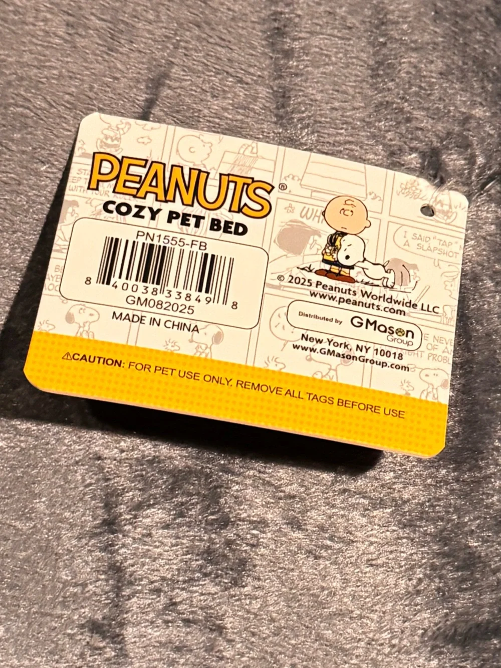 Peanuts Gray Plush Small Pet Bed with Snoopy & Woodstock Print